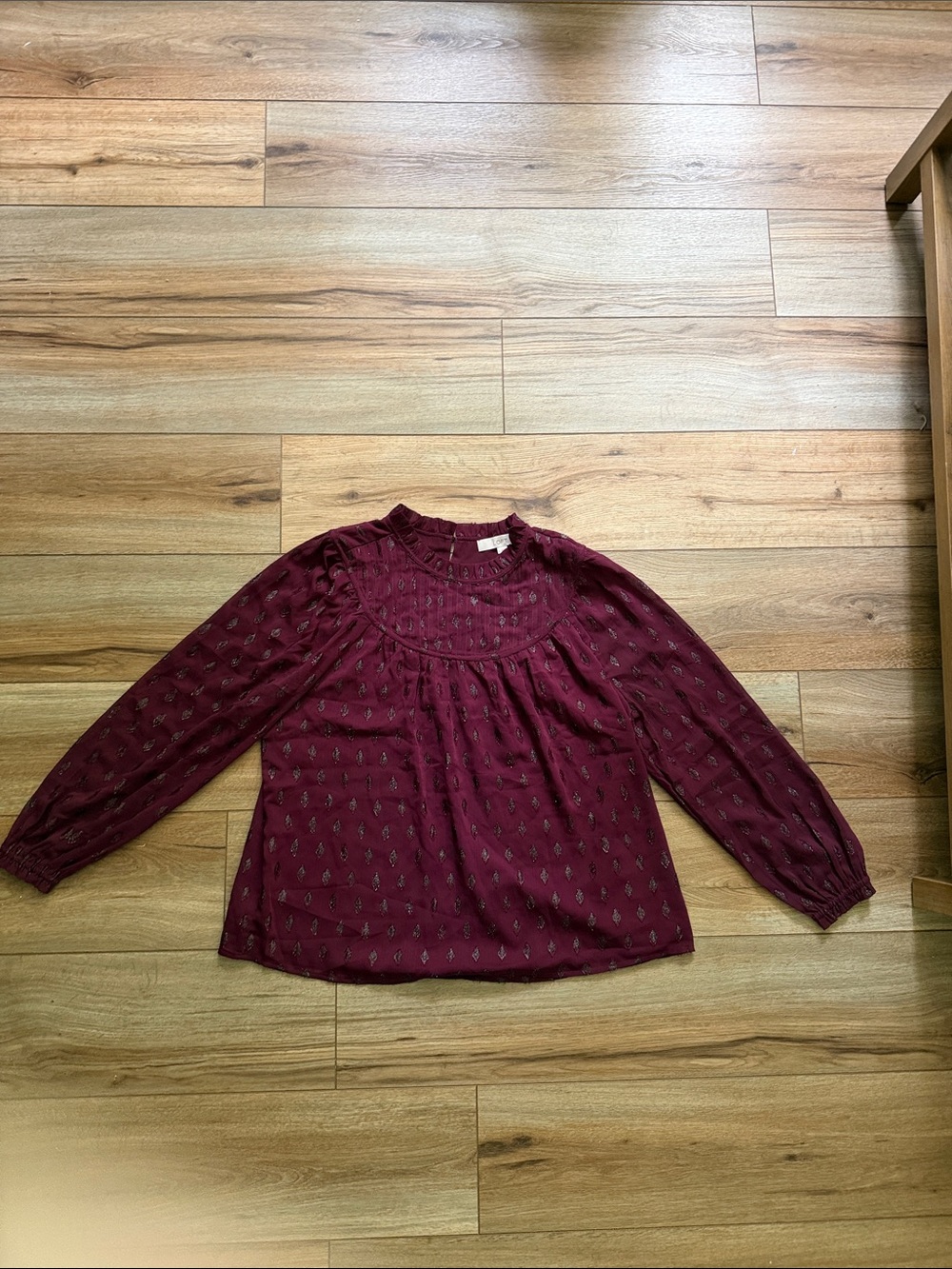 LOFT Burgundy Long-Sleeve Blouse with Subtle Print